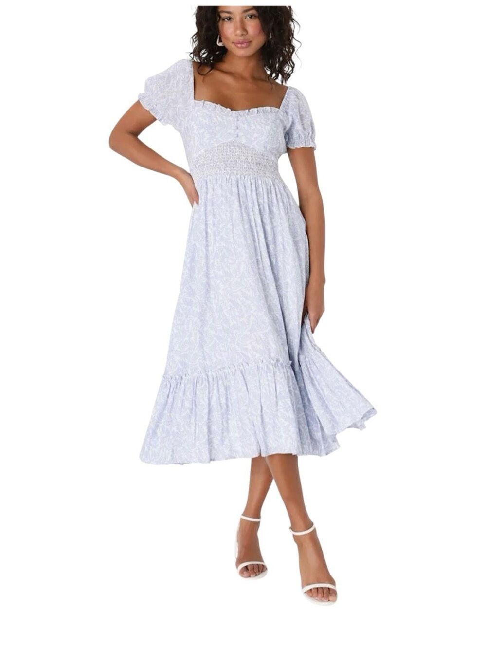 Lulus Dreamy Darling Blue and White Floral Puff Sleeve Midi Dress Size Medium